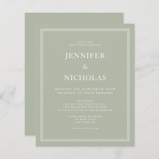 Begroting Elegant Formal Sage Green Wedding Invite (Voorkant / Achterkant)