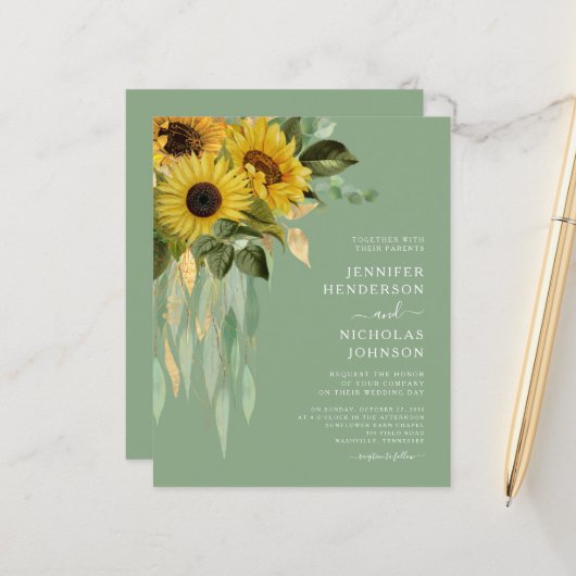 Begroting Elegant Green Floral Sunflower Wedding (Voorkant / Achterkant in situ)