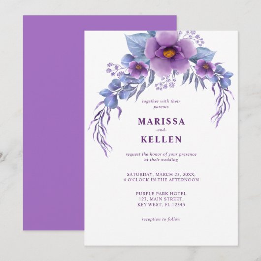 Begroting Elegant Paarse Waterverf Floral Wedding Kaart (Voorkant / Achterkant)