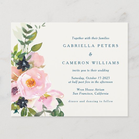 Begroting Elegant Pink Blue Floral Waterverf Weddi (Voorkant)