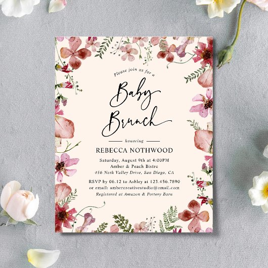 Begroting Elegant Pink Floral Baby Brunch Uitnodig
