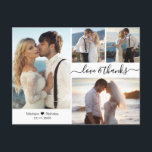 Begroting Elegant Script Collage Weddenschap Bedan Briefkaart<br><div class="desc">Budget Elegante, minimalistische hand geschreven script 4 foto collage bruiloft dank u briefkaart. Stijlvolle bruiloft dank u kaart sjabloon met vier foto op de voorkant en een foto op de achterkant. Met de tekst "Liefde en bedankt" in een wervelende met de hand geletterde typografie of kalligrafie script lettertype met swash...</div>