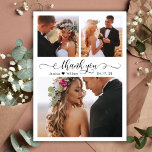 Begroting Elegant Script Collage Weddenschap Bedan Briefkaart<br><div class="desc">Budget Modern Elegant Script 3 Fotocollage Bruiloft Dank u Postard. Minimalistische bruiloft bedankkaart sjabloon met drie (3) foto op de voorkant en één (1) foto op de achterkant. Met de "Thank You" tekst in een wervelende hand geletterde typografie swash tail font script in zwarte kleur op een witte achtergrond. Weinig...</div>
