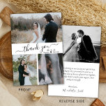 Begroting Elegant Script Collage Weddenschap Bedan Flyer<br><div class="desc">Budget, Modern, Elegant, Minimalistisch Hand Letterde Berichten Foto Collage Dank u gepersonaliseerd betaalbaar low budget flyer. Stijlvolle bruiloft bedankt je papieren sjabloon met drie (3) foto op de voorkant en één (1) foto op de achterkant. Met de tekst "dank u"in een cirkelvormig handgeschreven typografische manuscriptdoopvont in zwarte op witte achtergrond....</div>