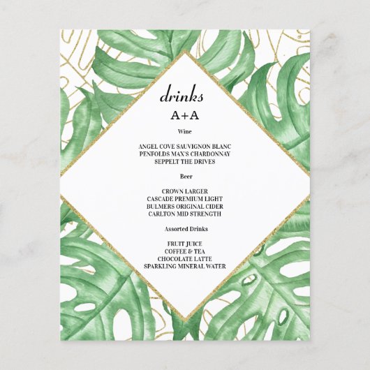 Begroting Elegant Tropical WEDDING MENU. Flyer (Achterkant)
