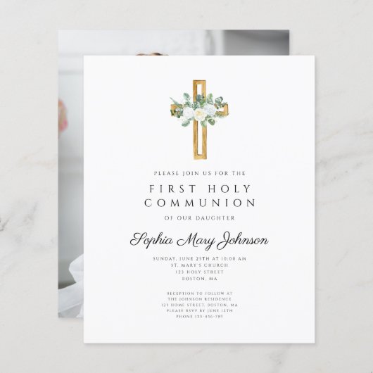 Begroting Elegant White Floral Cross First Communi (Voorkant / Achterkant)