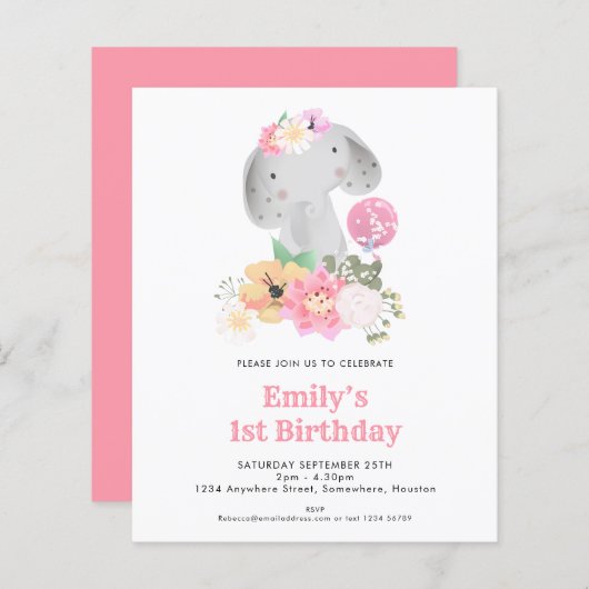 Begroting Elephant 1e verjaardag Roze Partij Uitno (Voorkant / Achterkant)