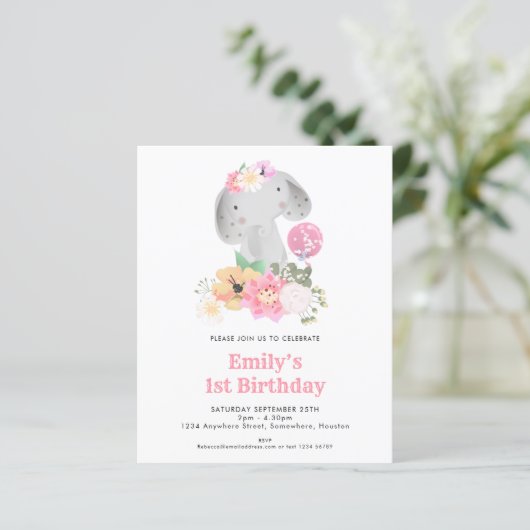 Begroting Elephant 1e verjaardag Roze Partij Uitno (Staand voorkant)