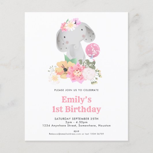 Begroting Elephant 1e verjaardag Roze Partij Uitno (Voorkant)