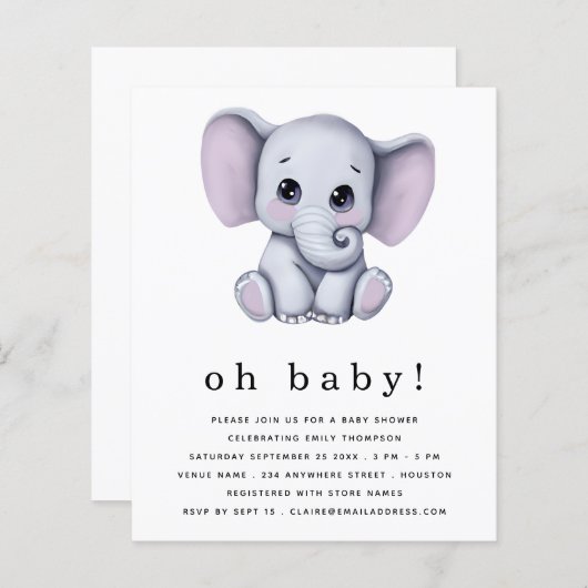 Begroting Elephant Gender Neutral Baby shower Invi (Voorkant / Achterkant)