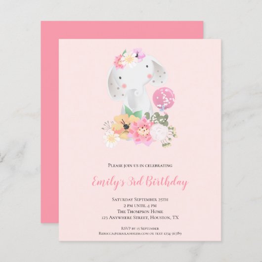 Begroting Elephant Pink Girl 3e uitnodiging (Voorkant / Achterkant)