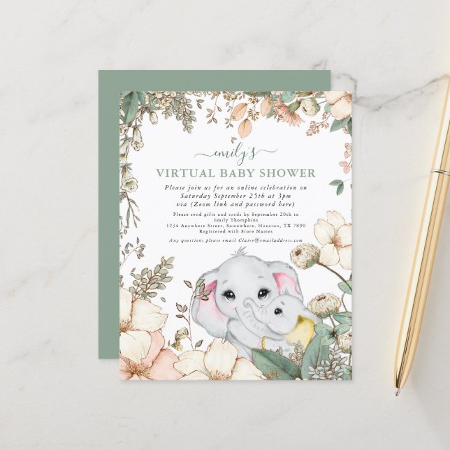 Begroting Elephant Sage Virtual Baby shower nodigt (Voorkant / Achterkant in situ)