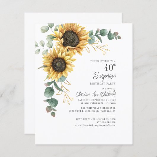 Begroting Eucalyptus 40th Birthday Sunflower Invit (Voorkant / Achterkant)