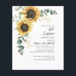 Begroting Eucalyptus 40th Birthday Sunflower Invit<br><div class="desc">Eucalyptus Sunflower Floral Script 40th Birthday Uitnodiging u kunt gemakkelijk aanpassen met uw partijdetails door de "Personalize"knoop te klikken. Met felgele florale en groene succulent met een gouden folie geometrisch lijst en moderne typografie</div>