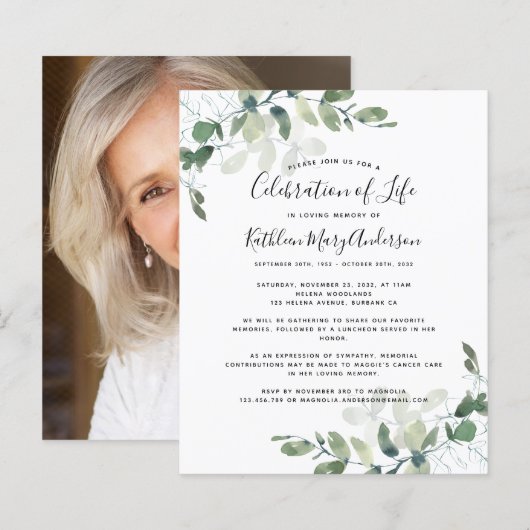 Begroting Eucalyptus Celebration of Life Invitatio (Voorkant / Achterkant)