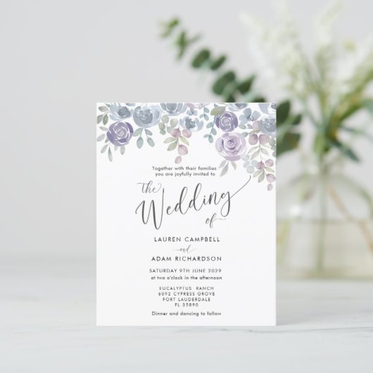 Begroting Eucalyptus & Floral Paars Wedding Invite (Staand voorkant)