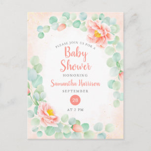 Begroting Eucalyptus Foliage Floral Peach Baby sho Uitnodiging Briefkaart