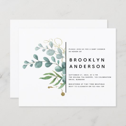BEGROTING Eucalyptus Gold Foil Baby shower Invitat (Voorkant / Achterkant)