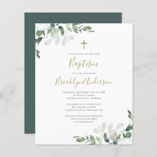 Begroting Eucalyptus Greenery Baptism Invitation (Voorkant / Achterkant)