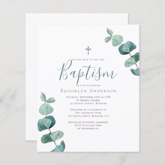 Begroting Eucalyptus Greenery Baptism Invitation (Voorkant / Achterkant)