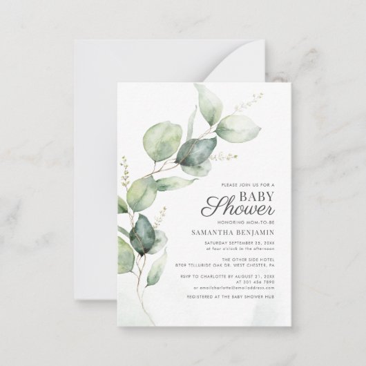 Begroting Eucalyptus Greenery botanisch Baby showe Notitiekaartje (Voorkant)