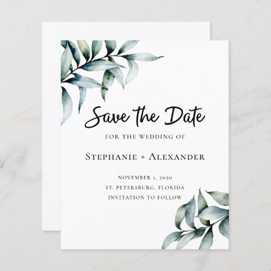 Begroting Eucalyptus Greenery Wedding Save the Dat (Voorkant / Achterkant)