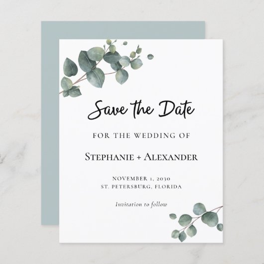 Begroting Eucalyptus Greenery Wedding Save the Dat (Voorkant / Achterkant)