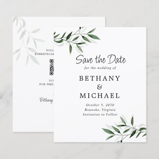 Begroting Eucalyptus Leaves Wedding Save the Date (Voorkant / Achterkant)