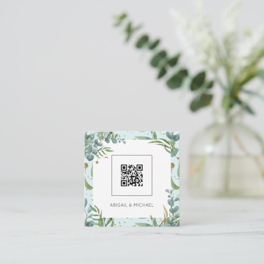 Begroting Eucalyptus QR Code Boho Weddenschap Vierkante Visitekaartje (Staand voorkant)