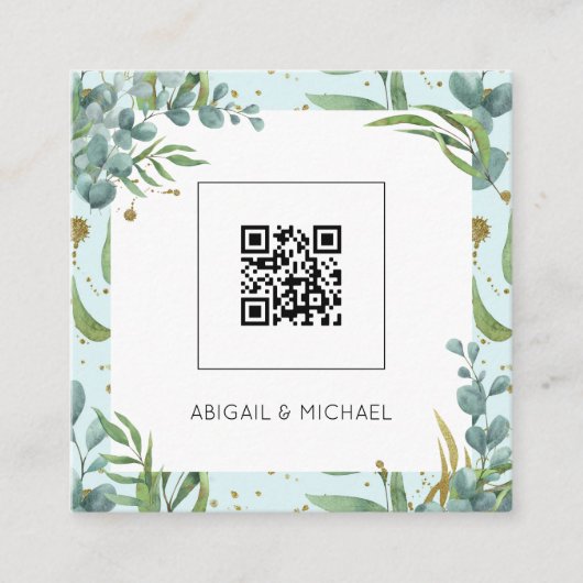 Begroting Eucalyptus QR Code Boho Weddenschap Vierkante Visitekaartje (Voorkant)