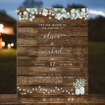 Begroting Eucalyptus Rustic Wedding Invitations<br><div class="desc">Het Rustic Land van de begroting buiten op Donker Hout met Greenery Eucalyptus en Katoen met Jars op de Uitnodigingen van de Lichte Lente van de Koord,  de Zomer,  de Herfst of van de Wronding van de Wrong - omvat mooie en elegante manuscripttypografie voor de speciale viering.</div>