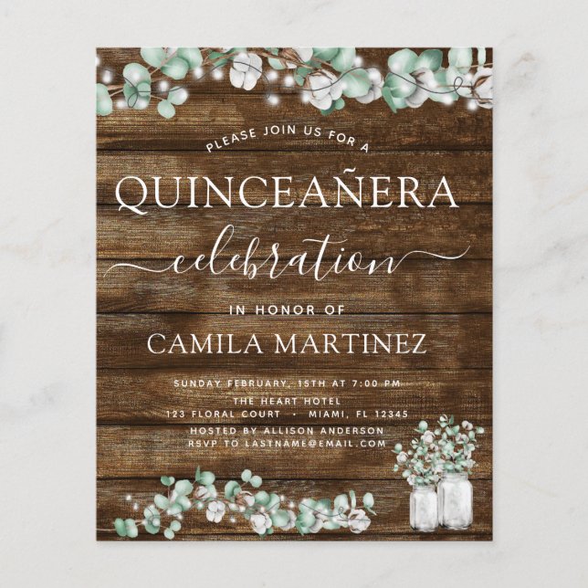 Begroting Eucalyptus Rustic Wood Quinceanera (Voorkant)