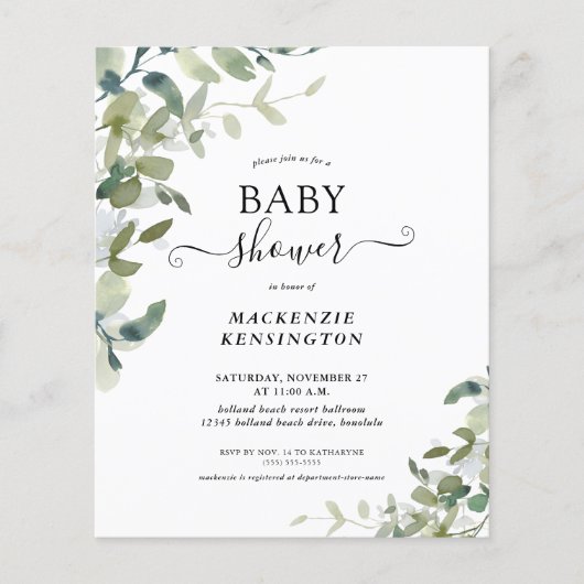 Begroting Eucalyptus Succulent Baby shower Uitnodi (Voorkant)
