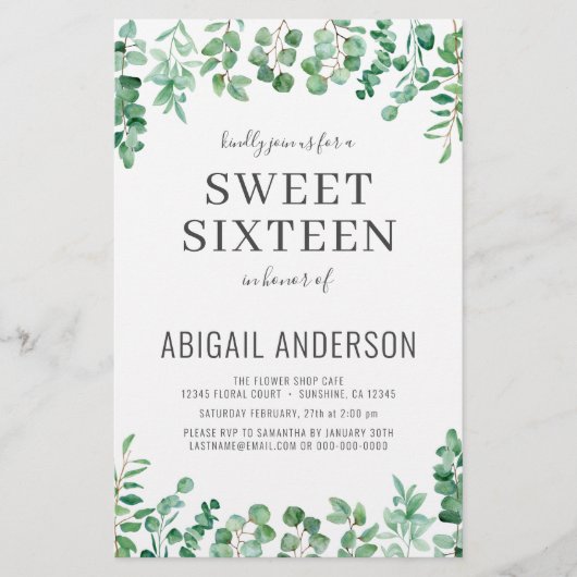 Begroting Eucalyptus Sweet Zestien Partij Uitnodig (Voorkant)