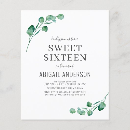 Begroting Eucalyptus Sweet Zestien Partij Uitnodig (Voorkant)