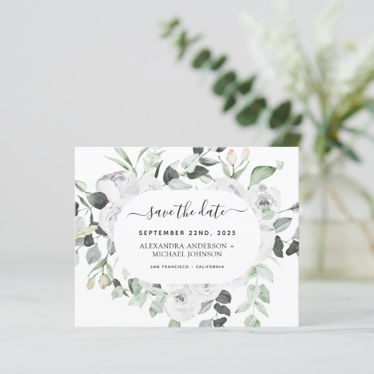 Begroting Eucalyptus White Floral Save the Date (Staand voorkant)
