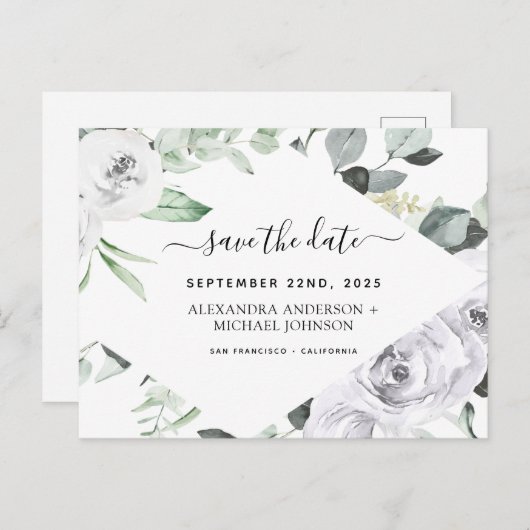 Begroting Eucalyptus White Floral Save the Date Briefkaart (Voorkant / Achterkant)
