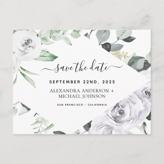 Begroting Eucalyptus White Floral Save the Date Briefkaart (Voorkant)