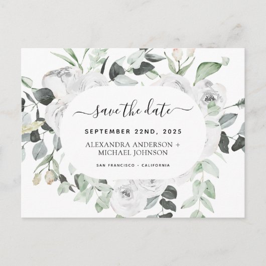Begroting Eucalyptus White Floral Save the Date Briefkaart (Voorkant)