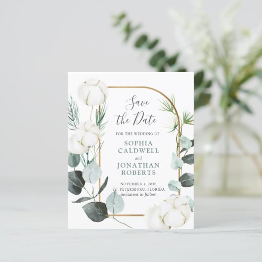 Begroting Eucalyptus Winter Wedding Save the Date (Staand voorkant)