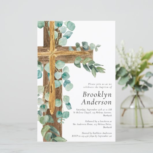 Begroting Eucalyptus Wooden Cross Baptisme Uitnodi (Staand voorkant)