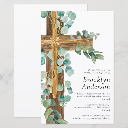 Begroting Eucalyptus Wooden Cross Baptisme Uitnodi (Voorkant / Achterkant)