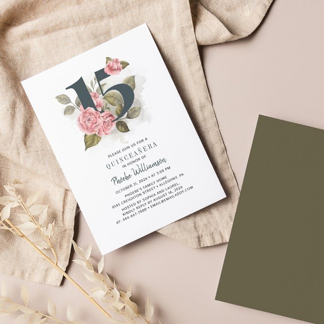 Begroting Floral 15e verjaardag van de uitnodiging (Pink Floral Quinceanera Invitation)