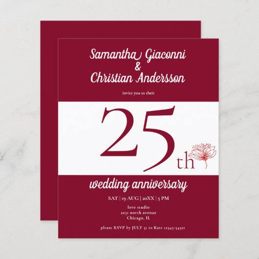 Begroting Floral 25th Wedding Jubileum Uitnodiging (Voorkant / Achterkant)