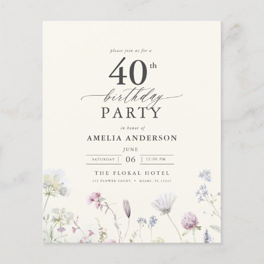 Begroting Floral 40th Birthday Invitation Flyer (Voorkant)