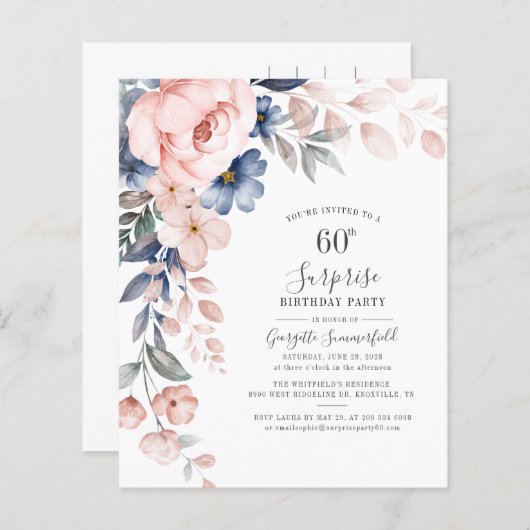 Begroting Floral 60th Birthday Pink Script Invitat (Voorkant / Achterkant)