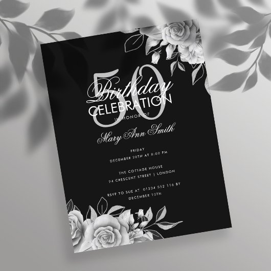 Begroting Floral Birthday Party Silver & Black Briefkaart