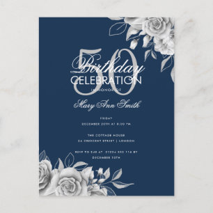 Begroting Floral Birthday Party Silver & Navy Briefkaart