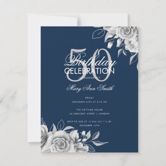 Begroting Floral Birthday Party Silver Navy Kaart (Voorkant)