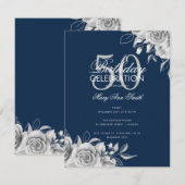Begroting Floral Birthday Party Silver Navy Kaart (Voorkant / Achterkant)